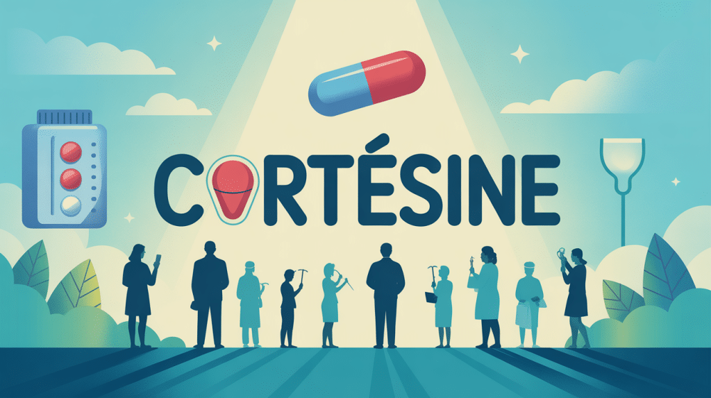 Image vectorielle de cortésine avec médecins, patients et boîte du médicament