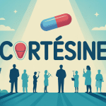 Image vectorielle de cortésine avec médecins, patients et boîte du médicament