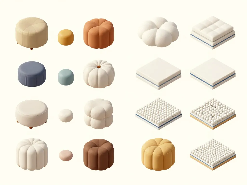 Schéma tailles formes matériaux pouf design