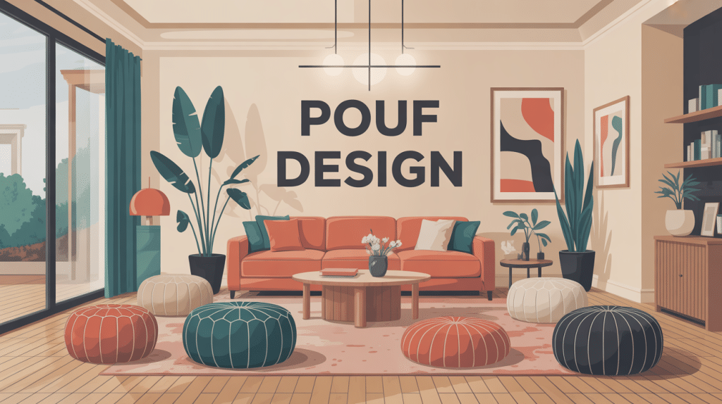 Différents poufs design dans un intérieur lumineux