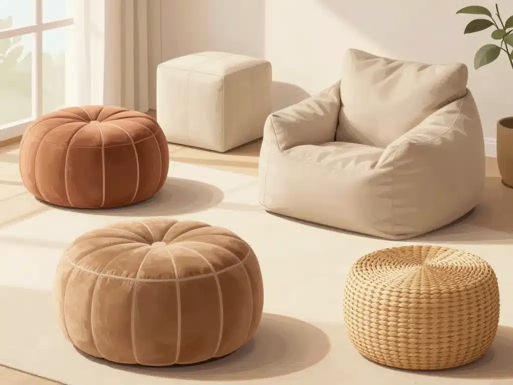 Poufs design ronds, cubes, géants et coffre en scène cosy