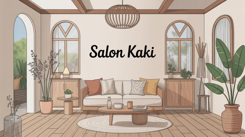 Illustration salon kaki moderne chaleureux matières naturelles
