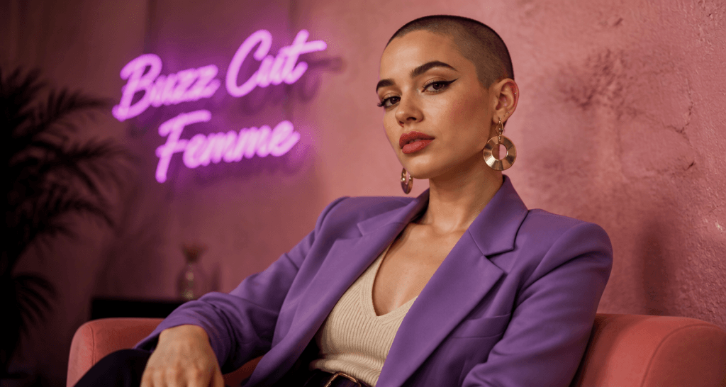 buzz cut femme mode blazer violet mur rose
