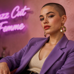 buzz cut femme mode blazer violet mur rose