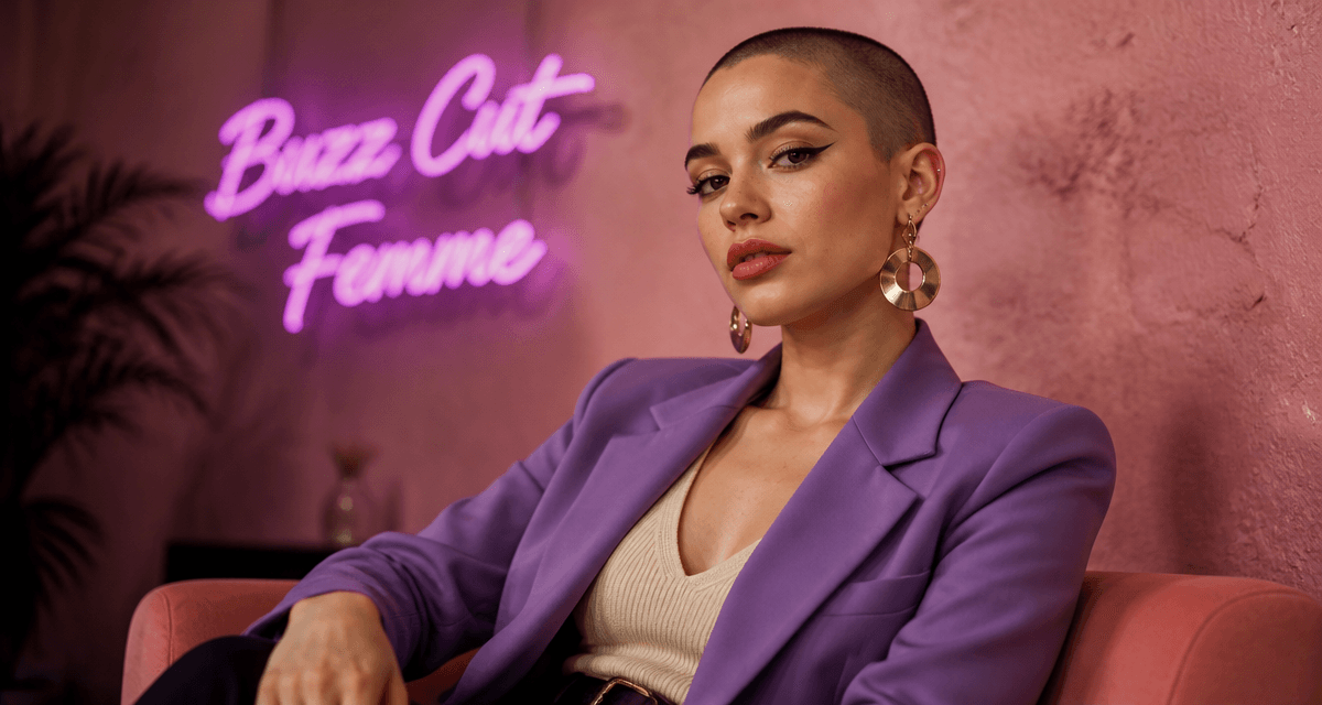 buzz cut femme mode blazer violet mur rose