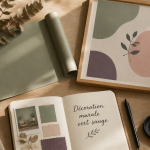decoration murale vert sauge avec papier peint, cadre bois et eucalyptus