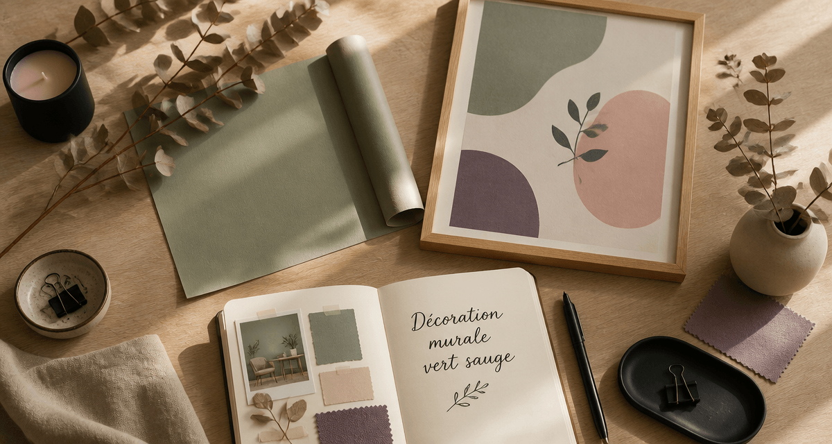 decoration murale vert sauge avec papier peint, cadre bois et eucalyptus