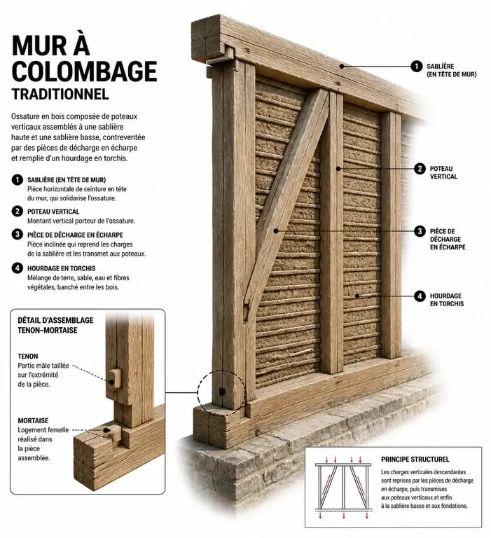 Schéma technique de l'anatomie d'un mur à colombage traditionnel