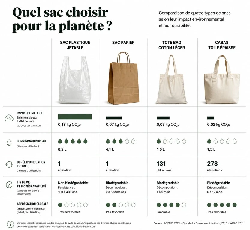Infographie comparative de la durabilité et de l'impact écologique des différents types de sacs, incluant le tote bag.