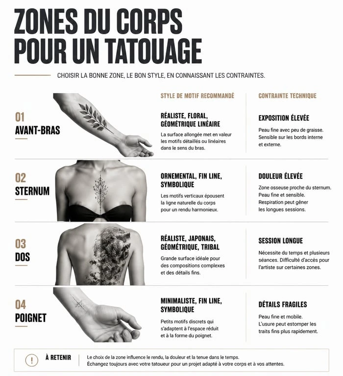 Infographie des zones du corps pour choisir son motif tatouage et ses contraintes techniques