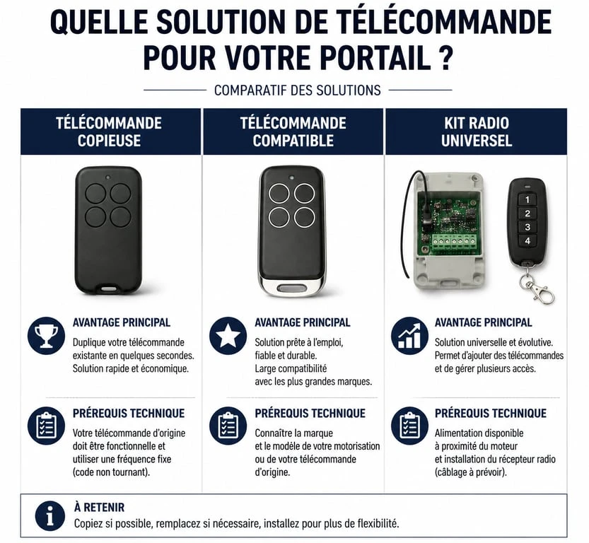 Comparatif des solutions de télécommande universelle pour portail : copieuse, compatible et kit radio