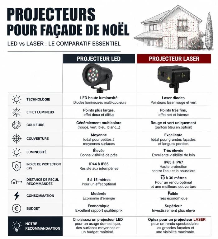 Infographie comparative des meilleurs projecteurs de façade de Noël : LED vs Laser