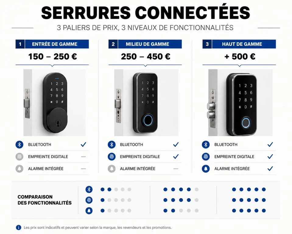 Infographie comparative des prix des serrures connectées : analyse des gammes et fonctionnalités pour choisir sa serrure connectée au meilleur prix.