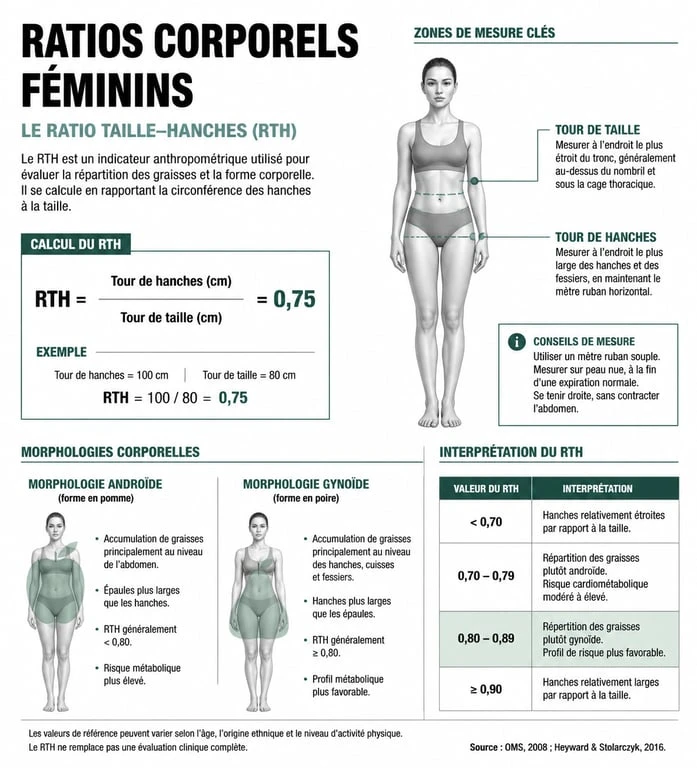 Infographie des mensurations idéales et ratio taille-hanches pour femme 1m60