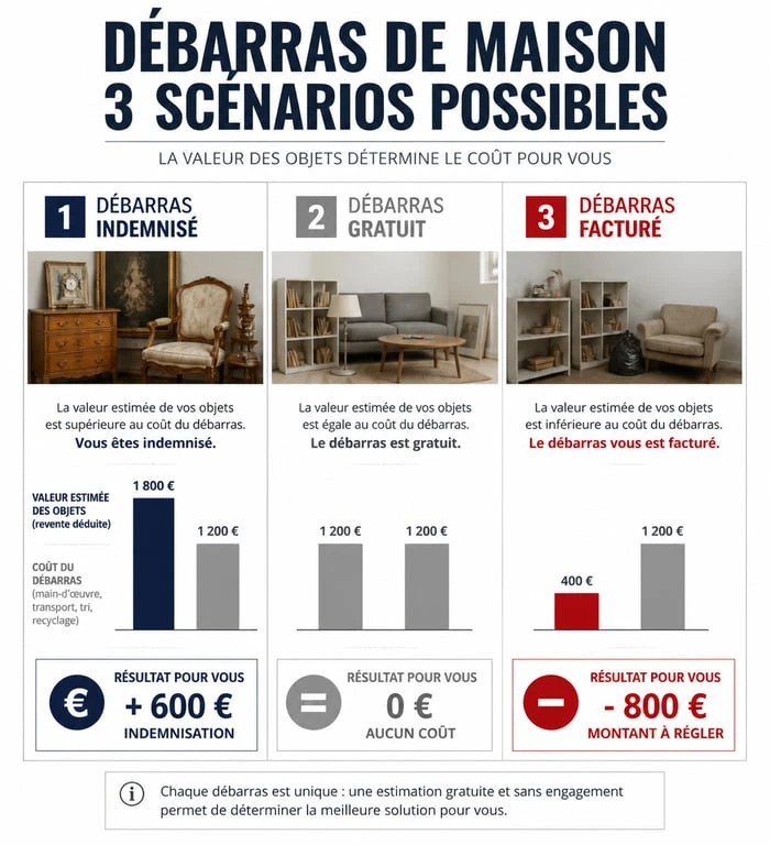 Infographie explicative des trois types de prestations pour un vidage maison : indemnisé, gratuit ou facturé.