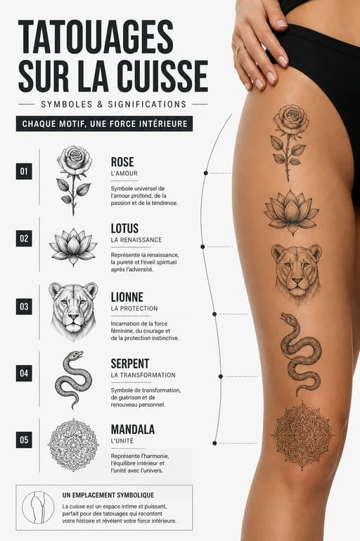 Infographie sur la signification des tatouages cuisse femme : rose, lotus, lionne, serpent et mandala.