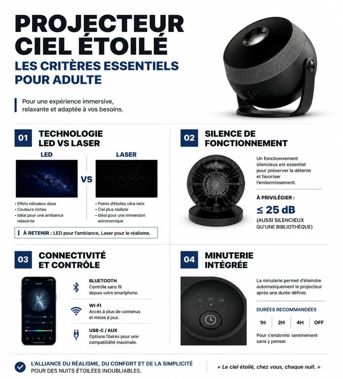 Infographie des critères de sélection pour le meilleur projecteur ciel étoilé adulte