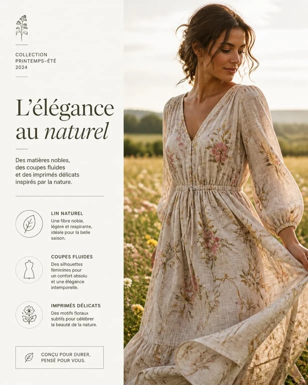 Femme portant une tenue champêtre élégante avec une robe en lin dans un champ
