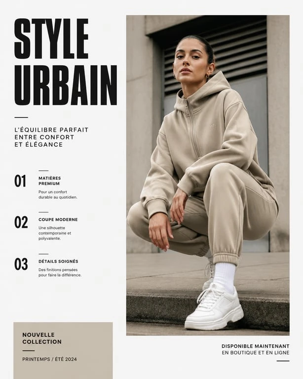 Femme portant un survêtement tendance beige dans un cadre urbain pour illustrer le style athleisure