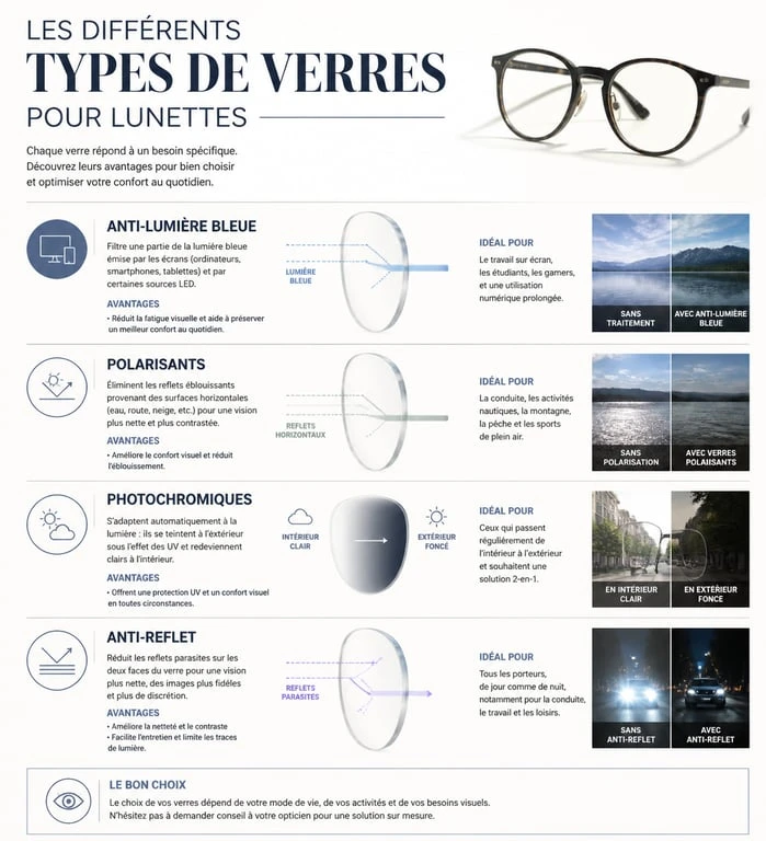 Infographie des types de verres pour lunettes orange : anti-lumière bleue, polarisants et photochromiques