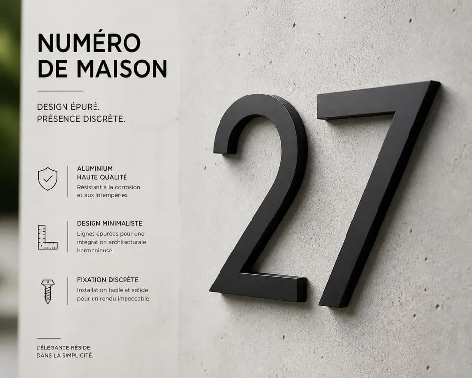 Numéro de maison design en aluminium noir mat sur façade moderne