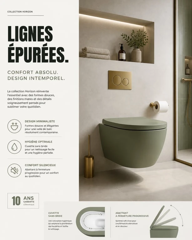 Toilette coloré vert sauge dans une salle de bain moderne et élégante