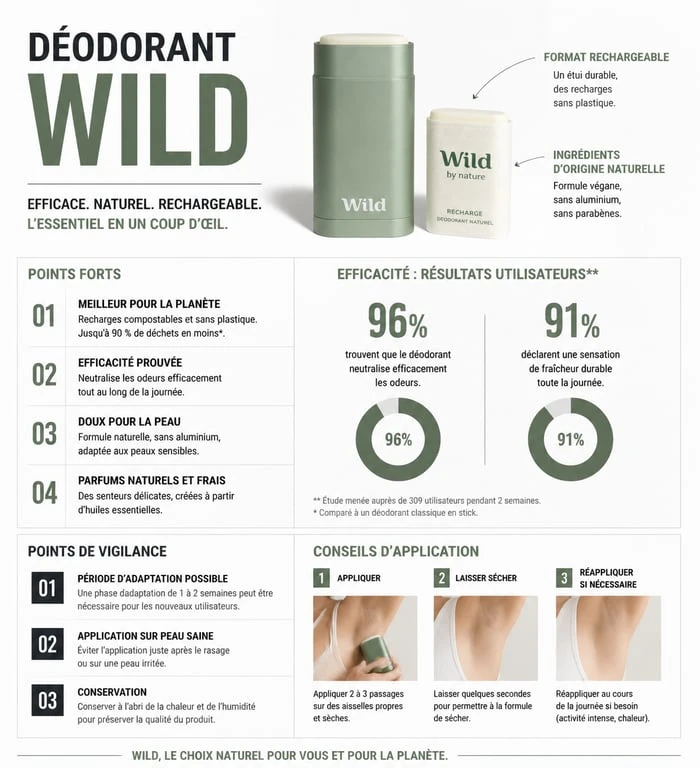 Infographie récapitulative des avis et conseils d'utilisation du déodorant Wild pour une transition réussie
