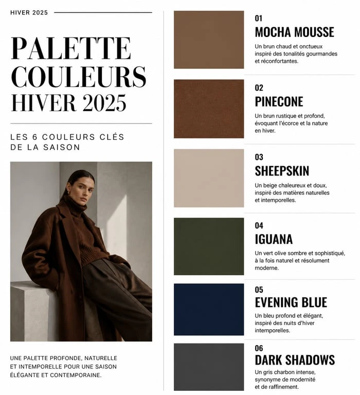 Palette des couleurs mode hiver 2025 : Mocha Mousse, Evening Blue, Iguana, Dark Shadows et Sheepskin
