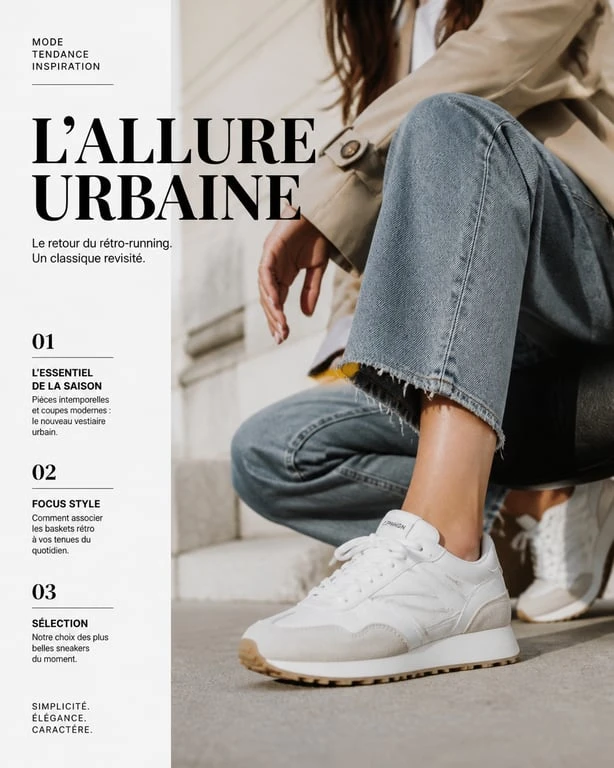 Femme portant des baskets blanches tendance 2025 style rétro-running avec une tenue urbaine chic