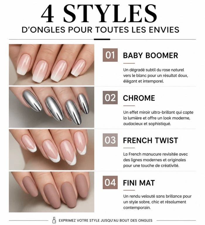 Infographie des modèles de vernis semi-permanent : Baby Boomer, Chrome, French Twist et effet mat.