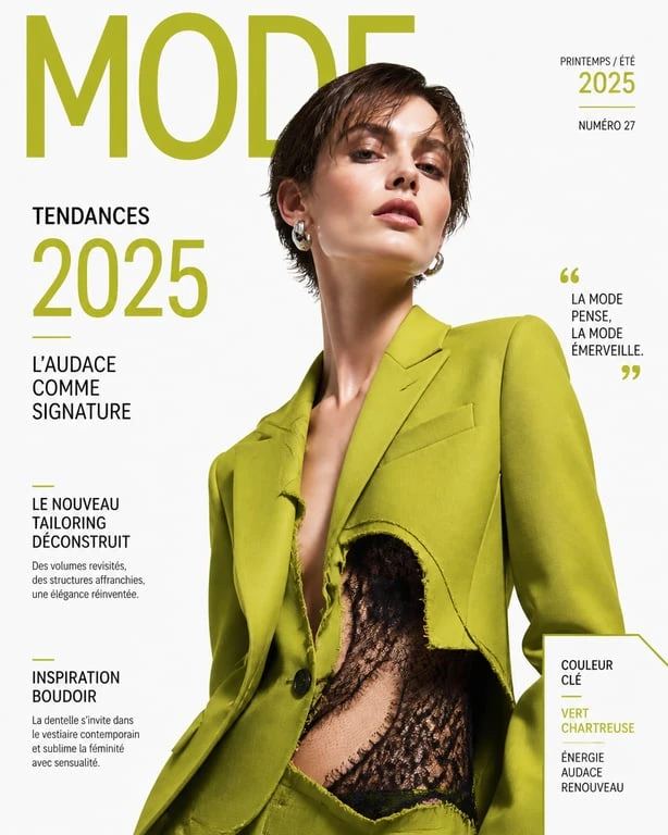 Tendance mode 2025 : look audacieux avec blazer vert chartreuse et détails dentelle