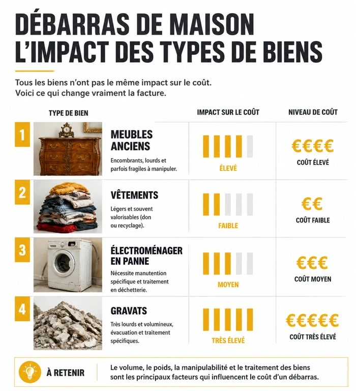 Infographie sur l'impact des types de biens sur le coût d'un débarras de maison
