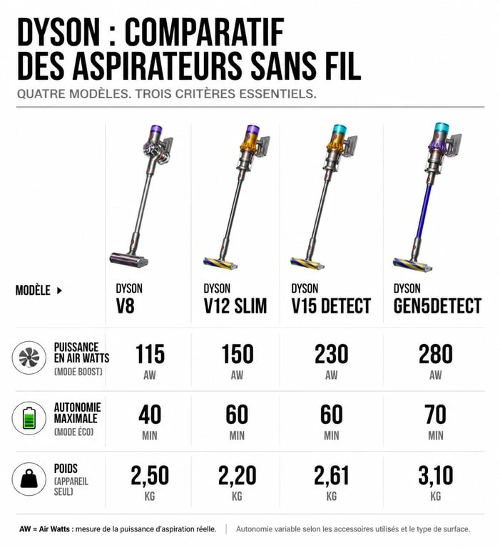 Comparatif technique des meilleurs aspirateurs balais Dyson : puissance, autonomie et poids des modèles V8, V12, V15 et Gen5.