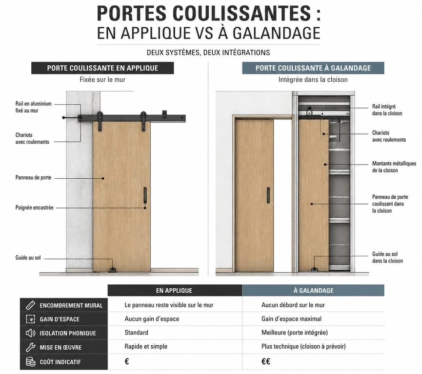 Schéma comparatif des systèmes de porte coulissante en applique et à galandage pour l'habitat