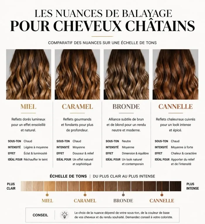 Infographie comparative des nuances de balayage pour cheveux châtains : miel, caramel, bronde et cannelle.