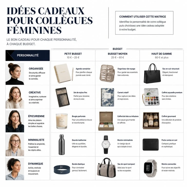 Infographie des idées cadeaux pour collègue femme par budget et profil