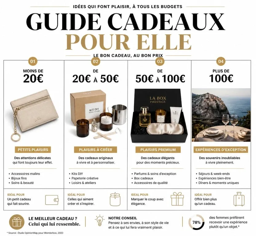 Infographie des idées de cadeaux originaux pour femme par budget