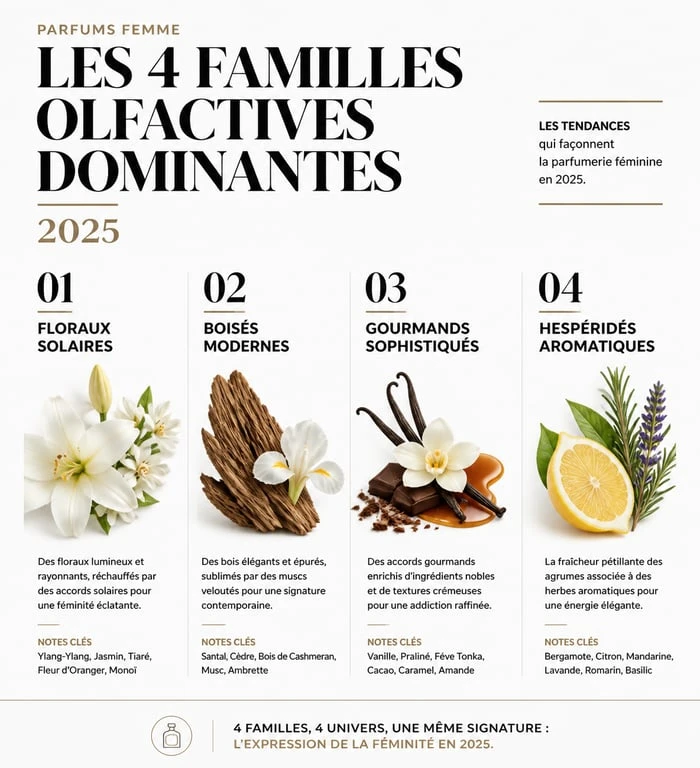 Infographie des tendances parfum femme 2025 : familles olfactives et notes dominantes