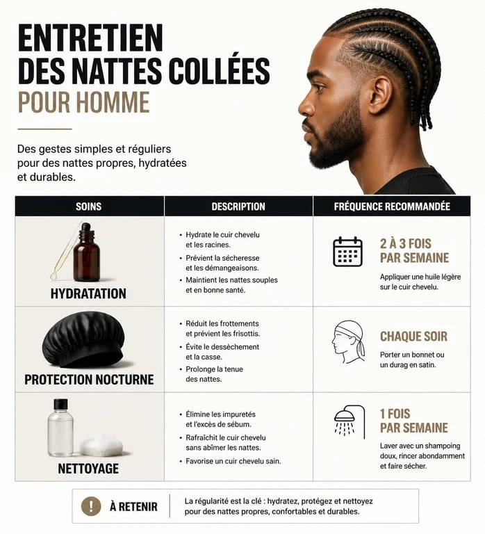 Infographie entretien nattes collées homme : conseils et routine capillaire