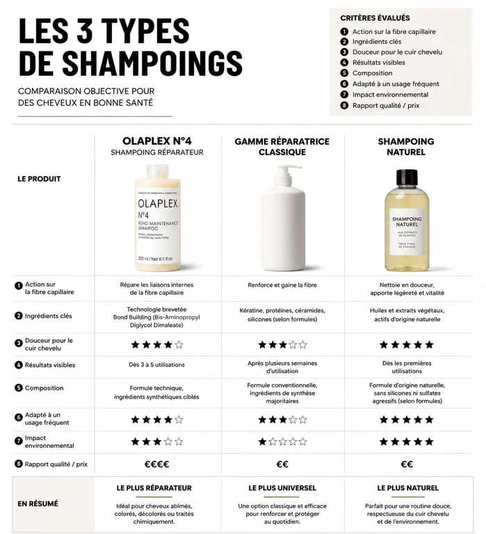 Comparatif des shampoings : Olaplex N°4 vs alternatives pour cheveux abîmés