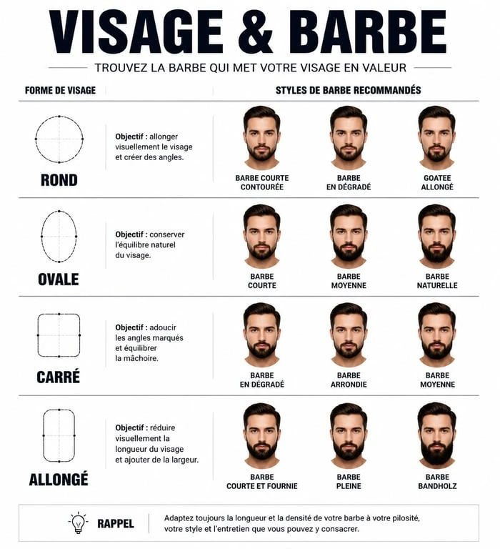 Infographie des styles de barbe homme selon la forme du visage