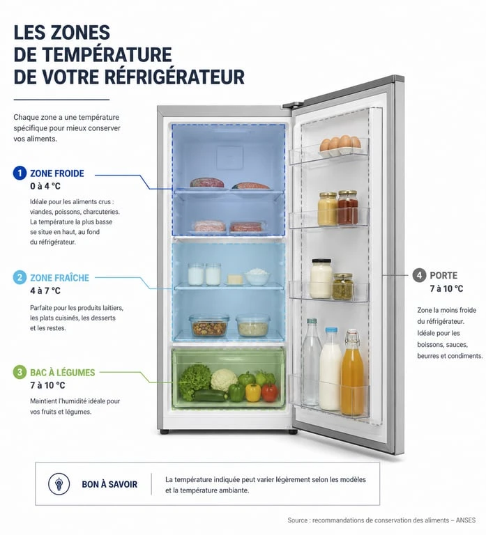 Schéma des zones de température pour bien ranger son frigo