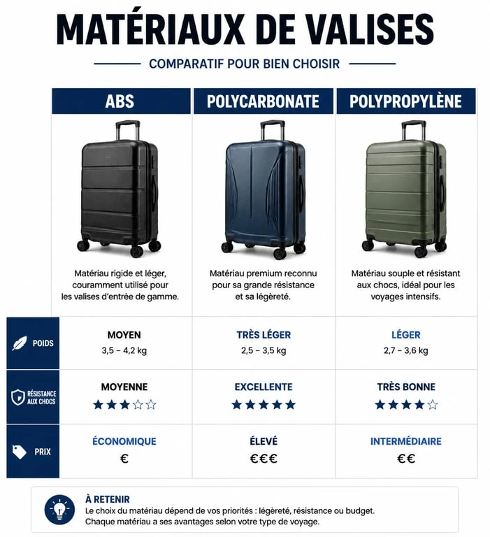 Comparatif des matériaux de valise L : ABS, Polycarbonate et Polypropylène pour choisir son bagage