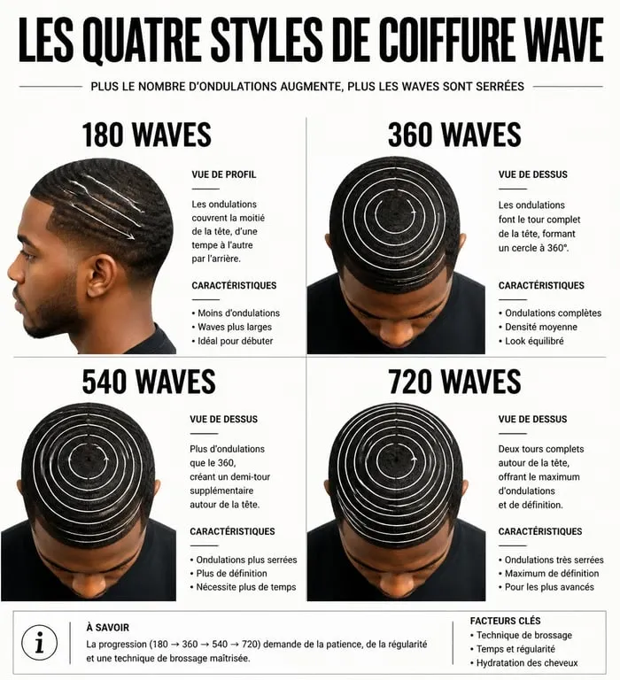 Schéma illustrant les différents styles de coiffure wave : 180, 360, 540 et 720 waves