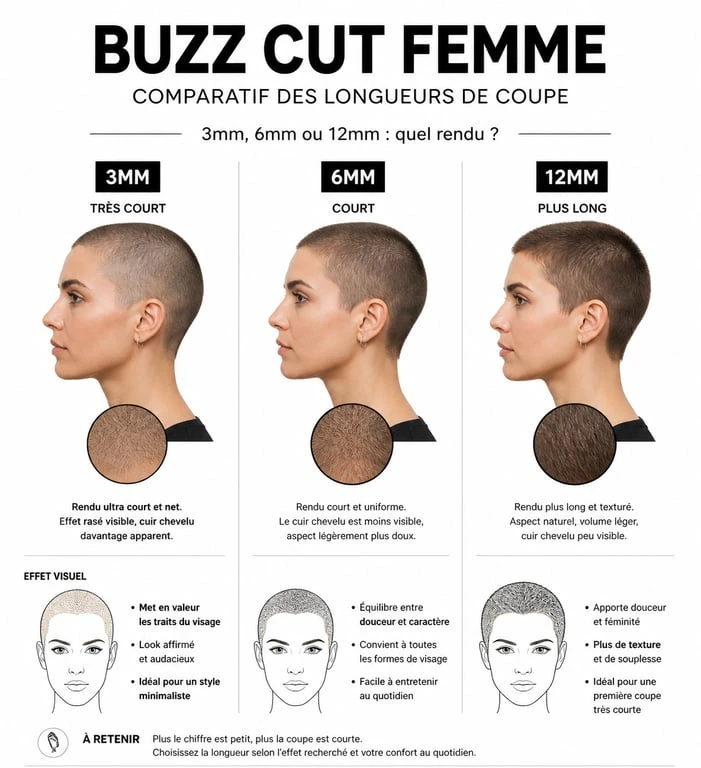 Infographie comparative des longueurs de buzz cut femme pour choisir sa coupe selon la forme du visage
