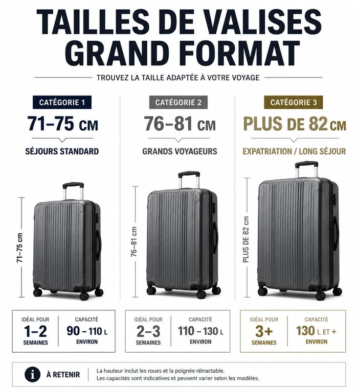 Infographie comparative des tailles de valise grand format pour choisir son bagage
