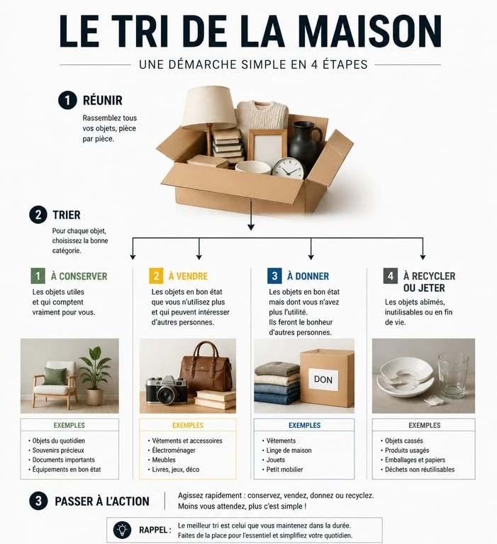 Infographie méthode de tri pour vider une maison : conserver, vendre, donner, jeter