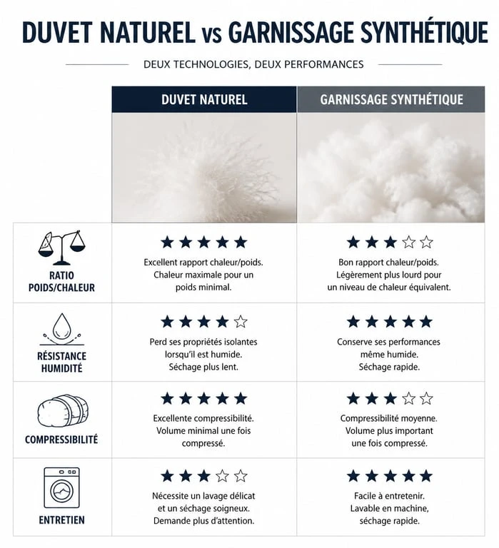Infographie comparative des types de garnissage pour doudoune veste : duvet naturel vs synthétique