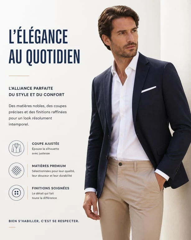 Homme habillé dans un style BCBG classique avec blazer et chemise