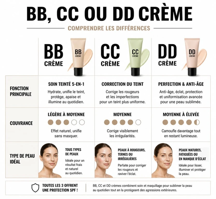 Infographie comparative des différences entre BB crème, CC crème et DD crème selon l'avis d'un dermatologue